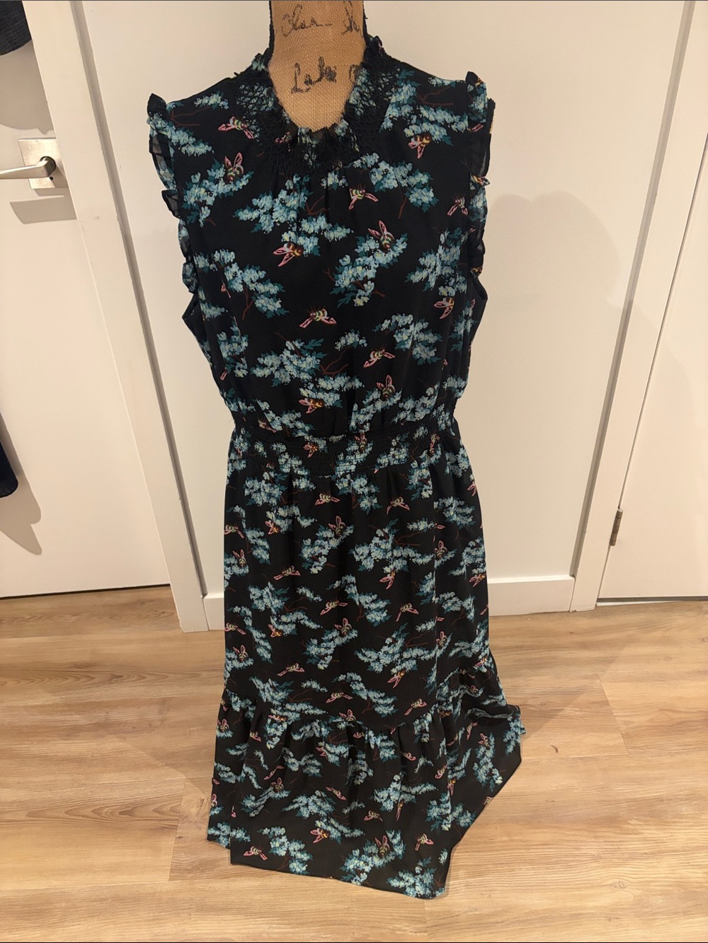 J. Crew Black Midi Dress with Teal Floral & bee ๐ Print